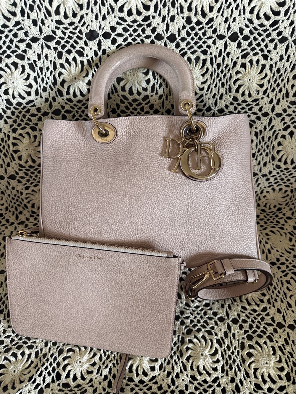 Dior Diorissimo Blush Pink Pebbled Leather 2WayTote with Pouch and Strap